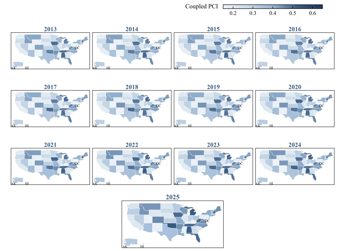 Small-multiple maps showing Power Constraint Index values across U.S. states from 2013 to 2025