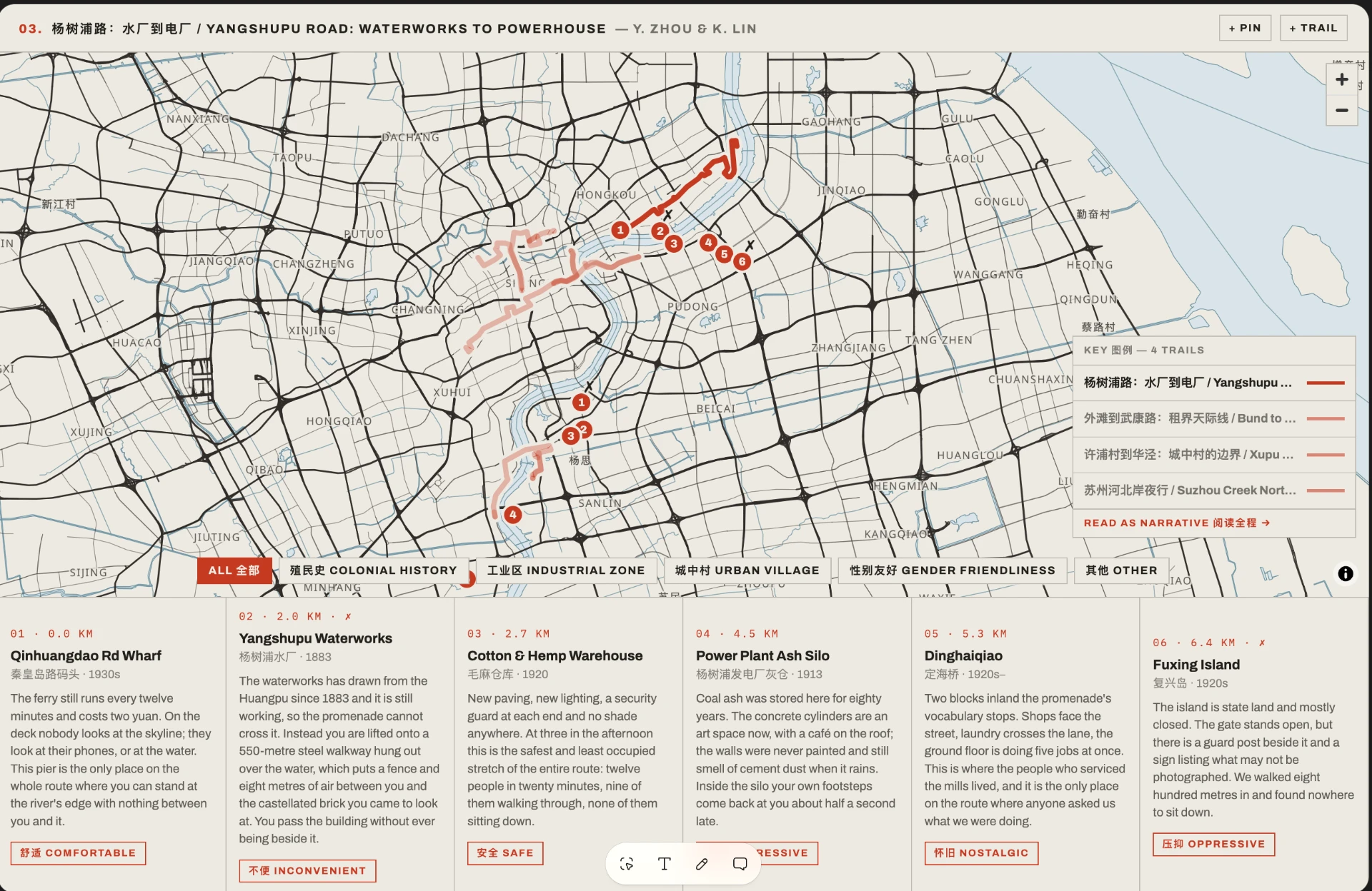 The Metropolitan Trails platform — an illustrated Shanghai map with four colour-coded walking trails and their numbered stops